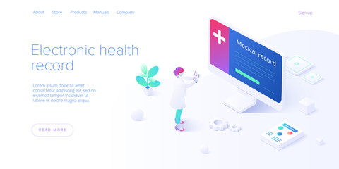 electronic health record concept in isometric vector design. male doctor or physician with ehr datab