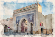 Fes, Morocco. The Blue Gate Or The Bab Bou Jeloud (Boujeloud) In The Old City In The Historical Town Of Fez In Watercolor Style Illustration. The Old Town Of Fes El Bali And The Medina,