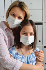 Poster - Portrait of little girl and mom wearing facial masls