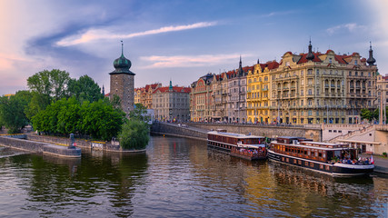 Wall Mural - House on the embankment. Ships on the Vltava river European tour