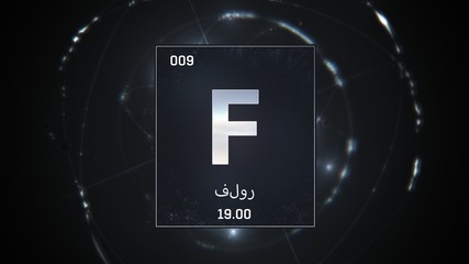 3D illustration of Fluorine as Element 9 of the Periodic Table. Silver illuminated atom design background orbiting electrons name, atomic weight element number in Arabic language