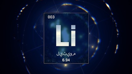 3D illustration of Lithium as Element 3 of the Periodic Table. Blue illuminated atom design background orbiting electrons name, atomic weight element number in Arabic language