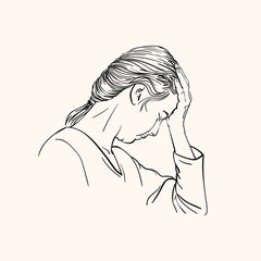 Wall Mural - Sketch of young woman has headache holding hand on her forehead, Hand drawn vector linear portrait in profile