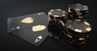 Casino Chips And Aces, Modern Black And Golden Isolated On The Black Background. Place For Logo Or Text - 3D Illustration