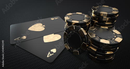 Fotografía Casino Chips And Aces, Modern Black And Golden Isolated On The Black Background