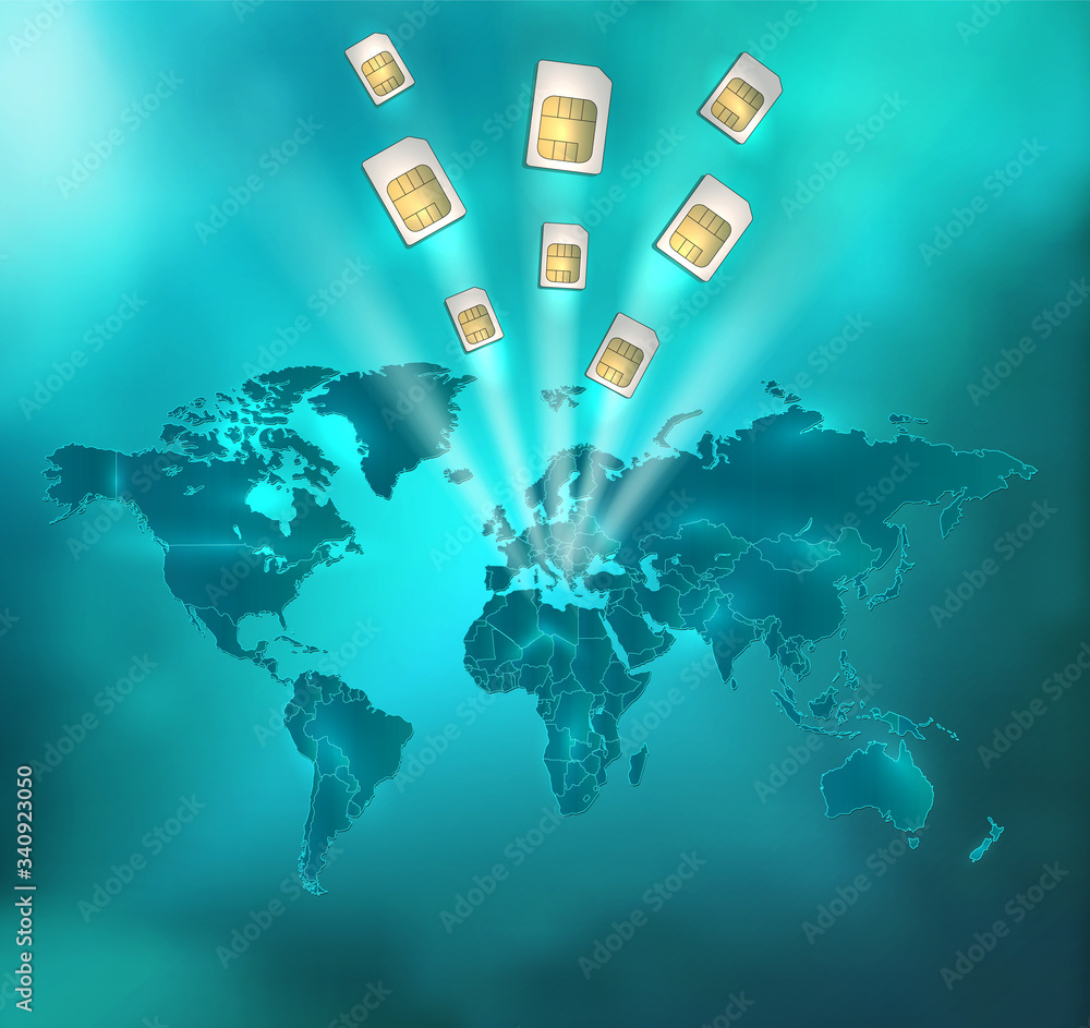 World map with separate states and sim cards in glowing magic light on ...