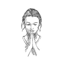 Sketch Of Woman Praying With Hands Folded In Worship, Eyes Closed In Hope, Hand Drawn Vector Illustration With Hatched Shades