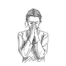 Sketch Of Woman Praying With Hands Folded In Worship, Eyes Closed In Hope, Hand Drawn Vector Illustration With Hatched Shades