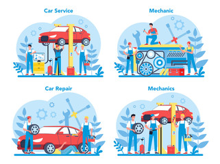 Wall Mural - Car service set. People repair car using professional tool. Idea of auto