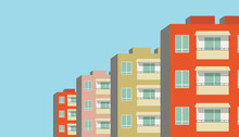 Vector Illustration Of Row Of Modern Multicolored Multistory High-rise Residential Apartment Building Houses. Front View With Windows Balconies With Roof On Sunny Day. Real Estate Rental Concept