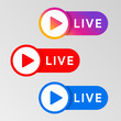Social media live badge. Instagram, youtube, facebook style banner. Streaming and broadcasting icon. Red. blue and purple color sign set. Vlog airing sticker. Vector illustration.