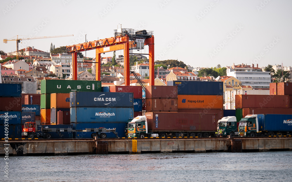 Port of Lisboa, Portugal. Cargo trucks at the Port of Lisbon on the ...