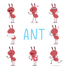 Cute ants vector cartoon characters set isolated on a white background.