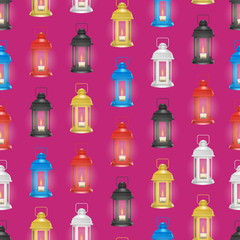 Poster - Realistic 3d Detailed Vintage Lantern Glowing Seamless Pattern Background. Vector