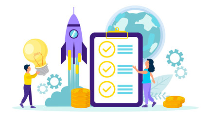 Launching a rocket is a metaphor for a startup of a new business project. The concept of a business startup for web pages, banners, presentations, social networking. People achieve success. Flat illus