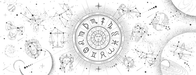astrology wheel with zodiac signs on constellation map background. realistic illustration of zodiac 