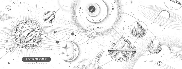 Wall Mural - modern magic witchcraft card with solar system, four elements and fortune teller eyes. hand drawing 