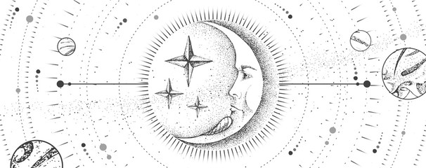 Wall Mural - modern magic witchcraft card with astrology moon sign with human face. realistic hand drawing vector