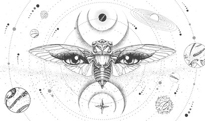 Wall Mural - Modern magic witchcraft card with solar system,  cicada and all-seeing eye. Hand drawing occult vector illustration