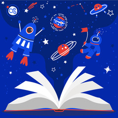Wall Mural - space vector seamless pattern. kids bright blue outer space background. flat cartoon rocket, astrona
