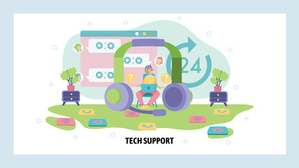 Customer tech support service. Call center, headphones, tech hotline. Business communication, contact us. Vector web site design template. Landing page website illustration.