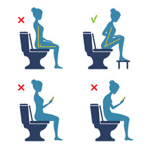 The Correct And Incorrect Body Posture Of Sitting On The Toilet In The WC. The Torso Position Angle 90 Or 35 Degrees. Good And Bad. A Right Comfort Posture. Comparison.