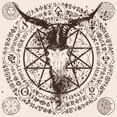 Canvas Print - Vector abstract illustration with a horned goats head, a pentagram, occult and witchcraft signs. Banner with a satanic symbol and magic runes written in a circle in retro style