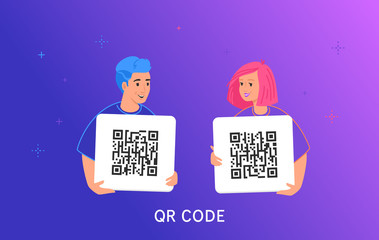 Wall Mural - qr code scanning by smartphone. gradient vector illustration of smiling teenage friends holding a ca