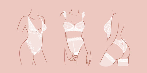 Set of Elegant attractive female body silhouettes. Ladies wearing Sexy white Lace Lingerie. Hand drawn trendy Vector fashion isolated illustrations. Unique style. Modern design