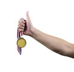 Wall Mural - isolated hand holding gold medal on white background.