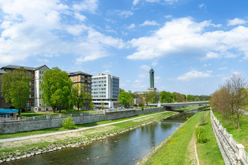 Extra wide panorama of view of Ostrava new city hall from the Ostravice river. Czech Republic