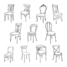Furniture Set. Interior Detail Outline Collection: Chair, Armchair, Stool. Wooden Chair Vector Sketch Illustration