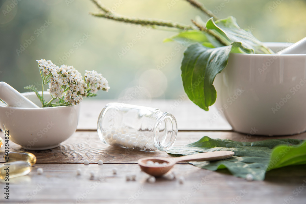 homeopathic granules, medicinal herbs on a natural wooden table on a natural background. alternative medicine and homeopathy - obrazy, fototapety, plakaty 