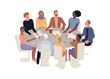 © VectorSpace - Men, woman of different ages, nationalities sitting at round desk. Group therapy, personal growth training, brainstorming meeting, negotiation, conference, english speaking club vector illustration.