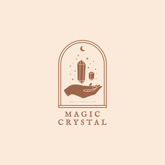 Poster - Logo template with magic shining crystals in trendy minimalist style. Magic stone quartz sparkles and hovers above hand. Mystical symbols for spiritual practices of ethnic magic and astrological rites