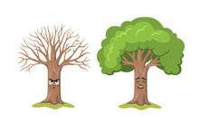 Two Cartoon Tree Character Happy And Sad Isolated On White. Creative Green Plant Naked And Thick Foliage Showing Different Emotion Vector Illustration. Positive And Negative Thinking Concept