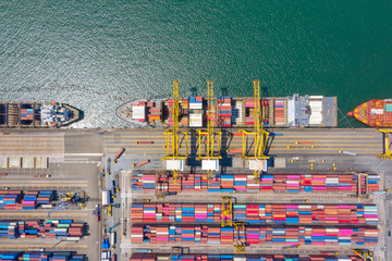 Container , container ship in export and import business and logistics. Shipping cargo to harbor by crane. Water transport International. Aerial view and top view.