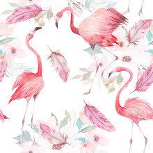 Watercolor Seamless Pattern. Floral Print With Flamingo And Feathers On White Background