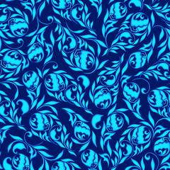  Seamless traditional classic blue pattern with leaves and flowers. Gzhel ethnic ornament. Vector print.