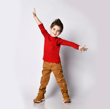 Little Boy Kid Child, Stylish Hairstyle In Sunglasses, Red Jumper Smiling Spread Hands, Pointing Fingers Showing Tongue Posing