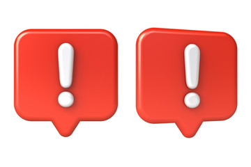 Poster - Exclamation mark in red speech bubble or social media notification pin icon isolated on white background 3D rendering
