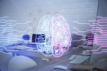 Double exposure of brain drawing and office interior background. Concept of data technology.