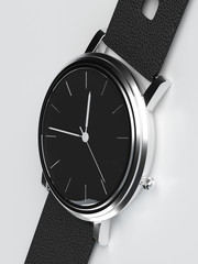 Minimalistic watch with a black strap on a gray background. 3D modeling and visualization of watches. 3D rendering