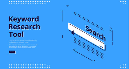 Wall Mural - keyword research tool banner with isometric website interface with search line on blue background. v