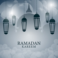 beautiful ramadan kareem design with lantern lamp decorations, faint mosque shadows, and soft bokeh backgrounds. perfect for greeting card designs, Islamic backgrounds, celebration or promotional.