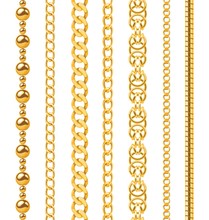 Golden Chain. Seamless Luxury Chains Of Different Shapes, Realistic Gold Jewelry Links, Metal Golden Elements Repeating Pattern Vector Set
