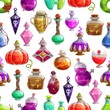Magic potion bottles vector seamless pattern. Halloween background of glass bottles and flasks with poison or elixir drinks. Witch, wizard or evil magician jars with corks, skulls and claws
