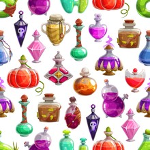 Magic Potion Bottles Vector Seamless Pattern. Halloween Background Of Glass Bottles And Flasks With Poison Or Elixir Drinks. Witch, Wizard Or Evil Magician Jars With Corks, Skulls And Claws