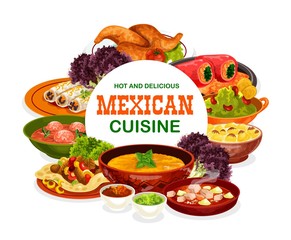 Sticker - Mexican cuisine food of meat and vegetables vector design. Stuffed peppers, bean burritos and beef fajitas with tomato salsa and avocado guacamole sauces, estofado stew, meatball soup and chicken wing