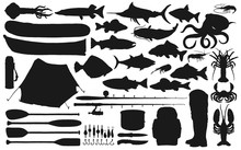 Fisherman Equipment, Tackle And Fish Black Silhouettes Of Fishing Sport Vector Design. Fishing Rods, Hooks And Baits, Boats, Lure, Reel And Boots, Salmon, Tuna, Perch And Crab, Octopus And Squid